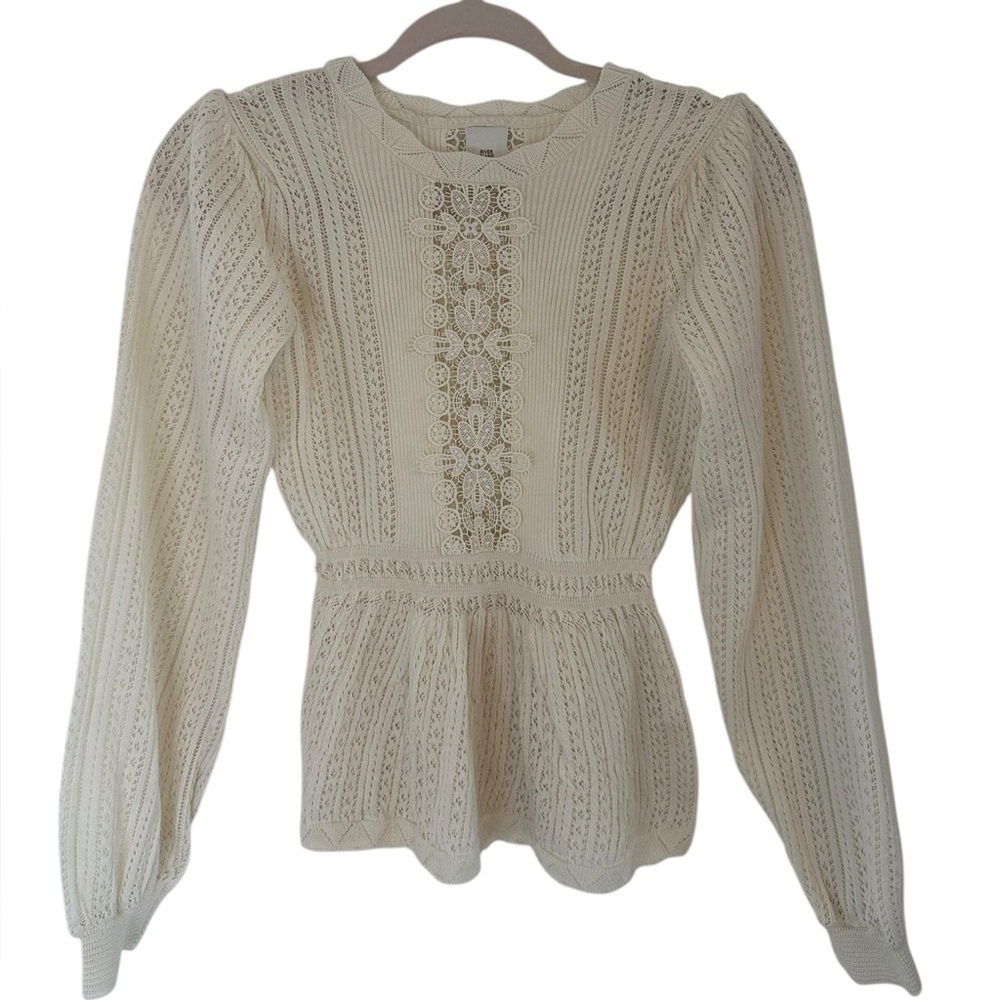 River Island Lace Stitch Peplum Blouse In Cream-white Size 8 - Picture 2 of 6